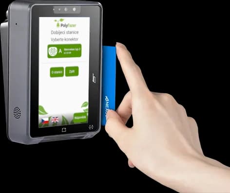 Nexgo UN20 payment terminal running the Polyfazer app, with a payment card